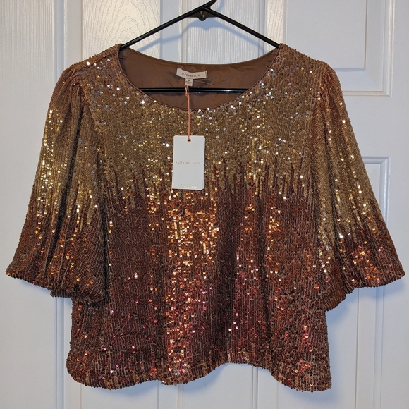 Skies Are Blue Copper Gold All Over Sequin Beaded Holiday Size M NWT Swifty Top - Picture 1 of 8